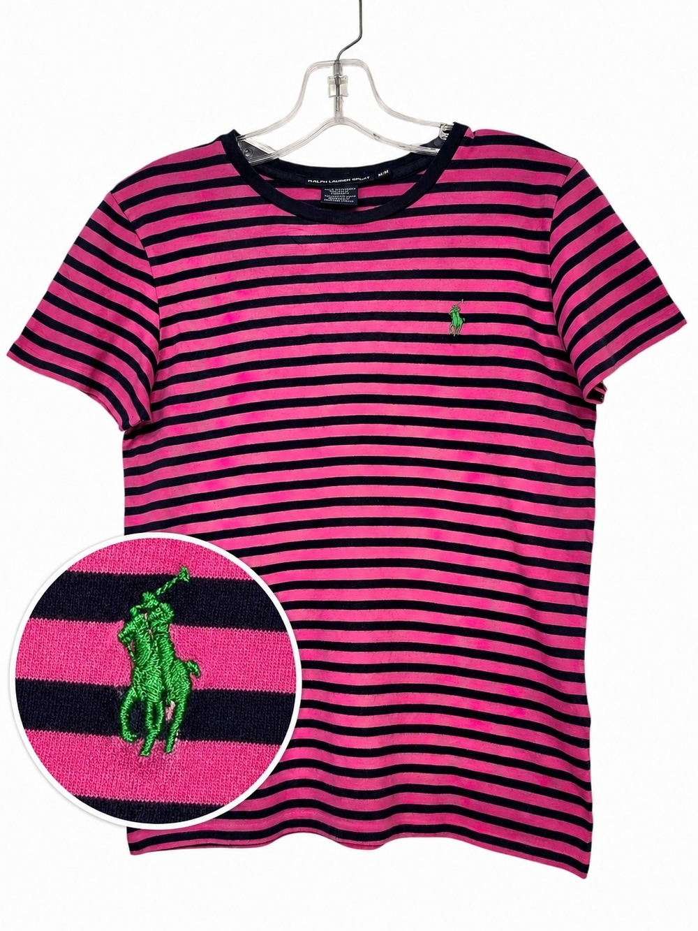 Ralph Lauren Sport Pink Navy Stripe Tee Green Pony 100% Cotton Women's M